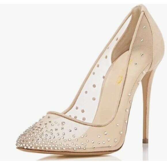 XYD Rhinestones Studded Stiletto High Heels Mesh Pumps for Women Nude Shoes - Picture 1 of 8